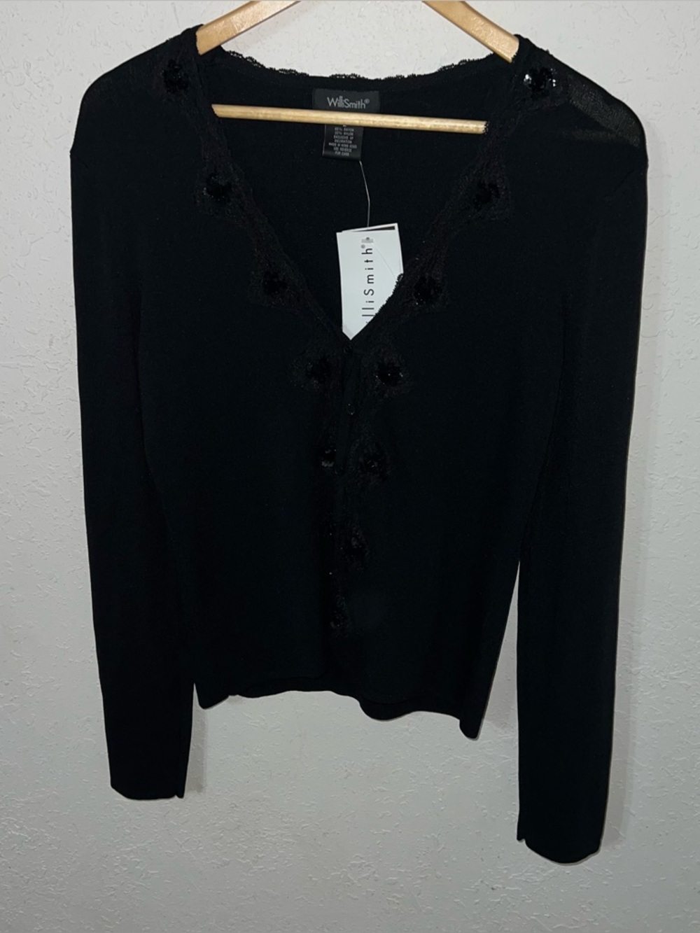 Willi Smith BNWT Cardigan Knit Sweater Black Long Sleeve Beaded Size Large.